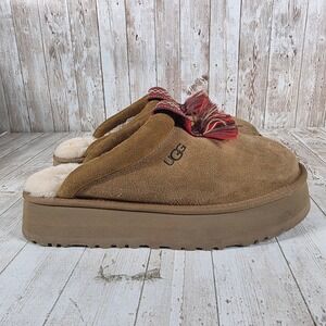 UGG Tazz Tassel Chestnut Suede Platform Slippers Womens 9 Mules 1152677